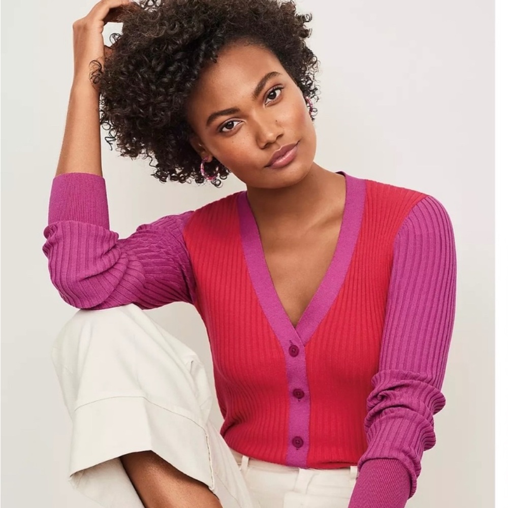 LOFT Women's V-Neck Red and Pink Sweater